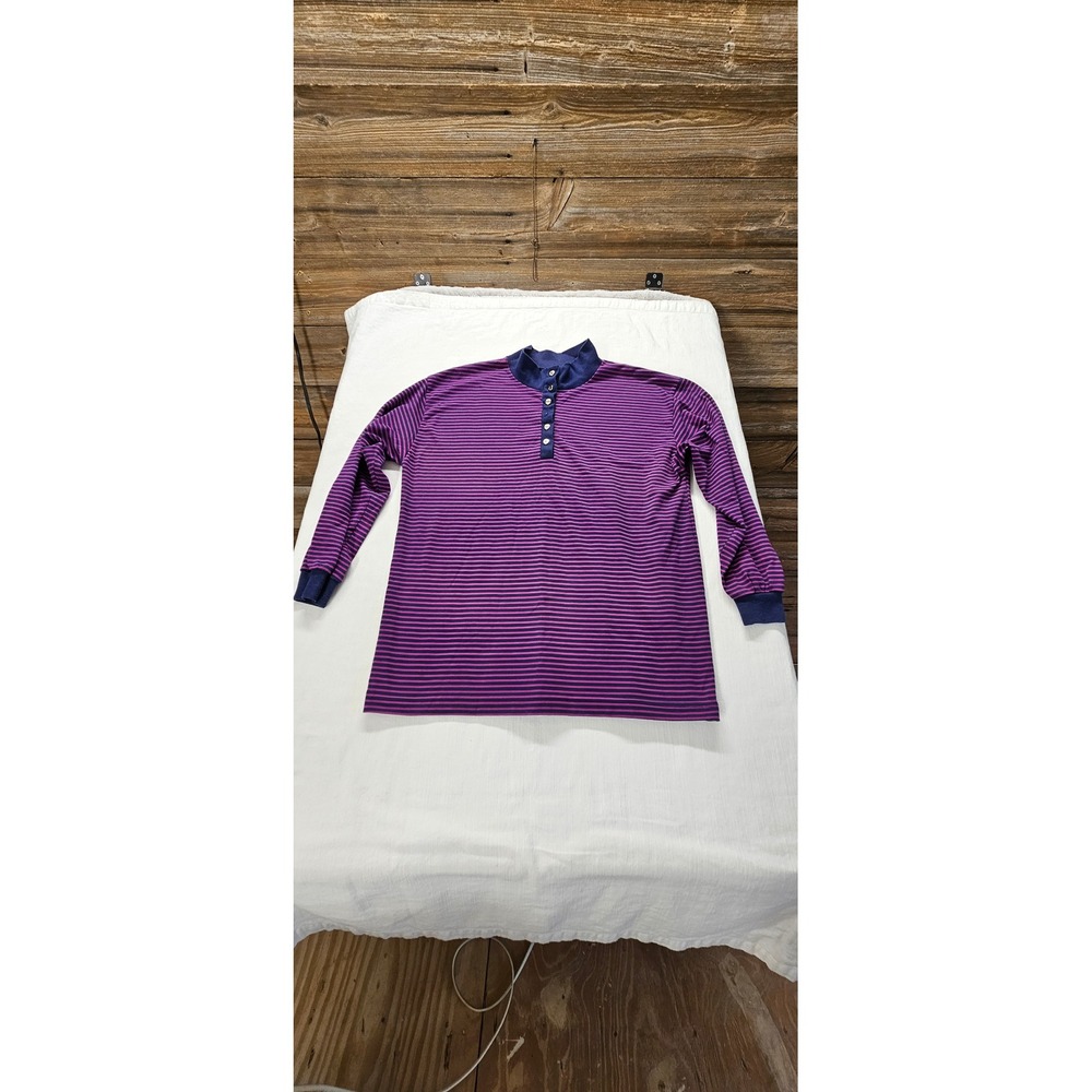 Vtg. Carriage Court Mens L Striped Henley Shirt Purple Navy Long Sleeve USA Made
